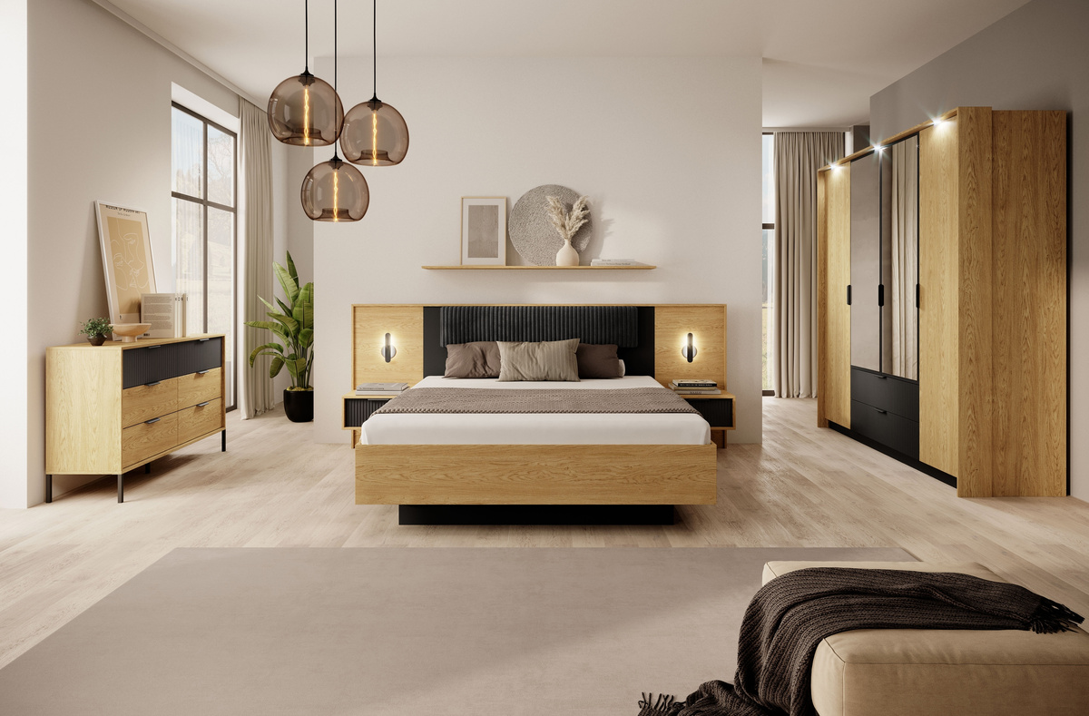 Loftowe meble do sypialni z szafą BALLESO dąb baltic