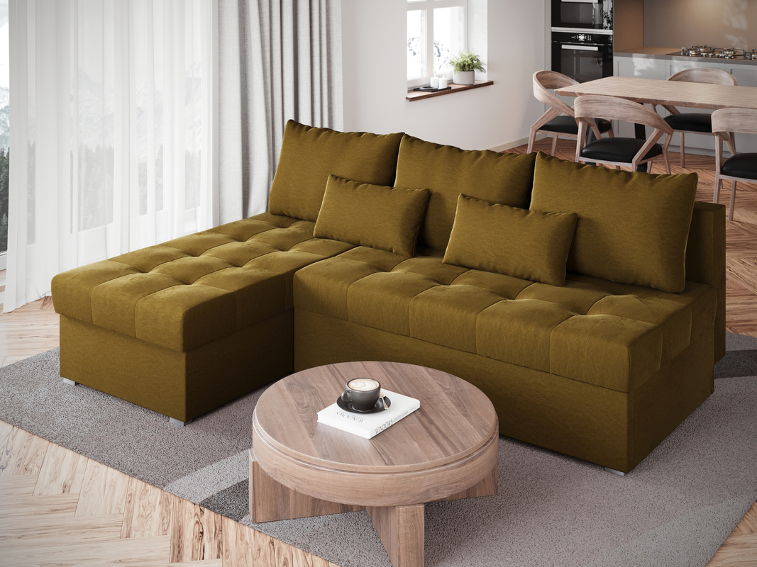 Nowoczesny mały musztardowy narożnik z funkcją spania HOT SLIM