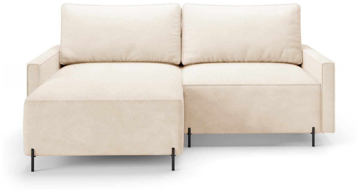 Beżowy rozkładany narożnik na nóżkach do salonu z funkcją spania i pojemnikiem NORTON