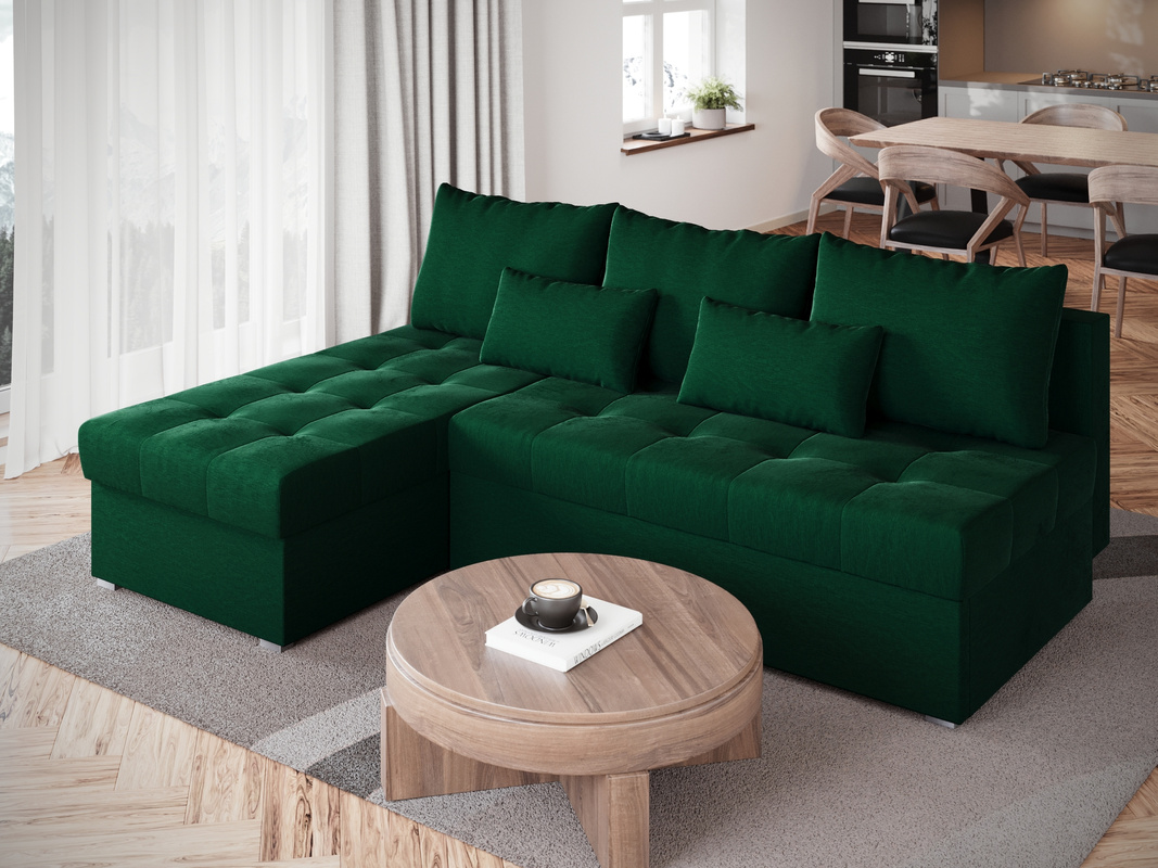 Narożnik z funkcją spania do salonu HOT SLIM butelkowa zieleń