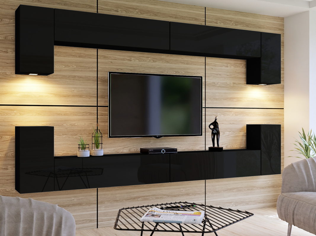 Nowoczesna meblościanka do salonu czarny połysk 350 cm PREMIUM