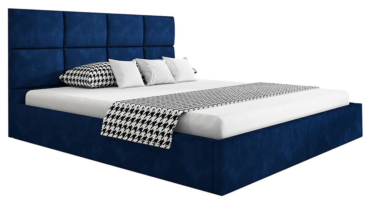 Granatowe łóżko tapicerowane z pojemnikiem 140x200 cm AMBY