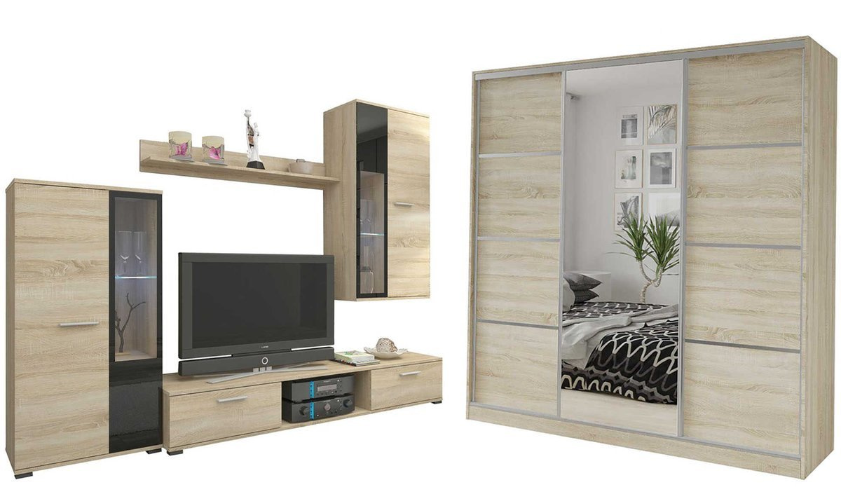 Meblościanka do salonu KUBA i szafa przesuwna 200 cm z lustrem TOP