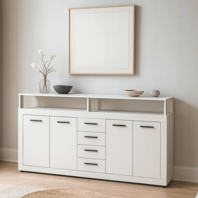 Kaszmirowa komoda 190 cm do salonu BLOBI z czarnymi uchwytami