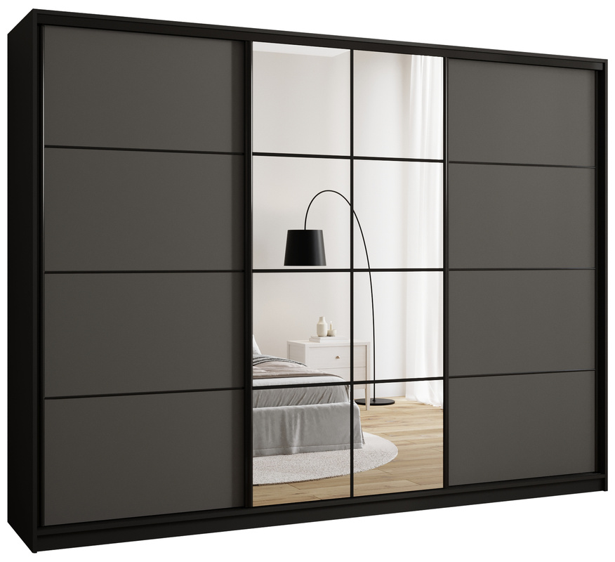 Grafitowa szafa przesuwna z lustrem i szufladami 280 cm EDGE