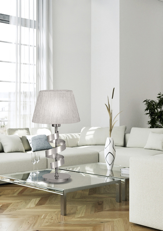 Srebrna lampka stołowa do salonu i sypialni DECANIS chromowa wstęga