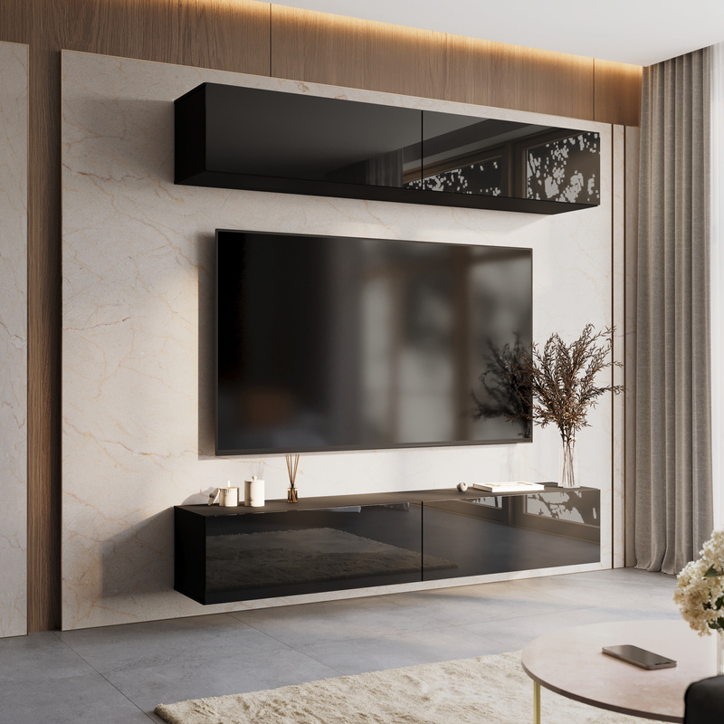 Czarna nowoczesna meblościanka do salonu 210 cm PREMIUM