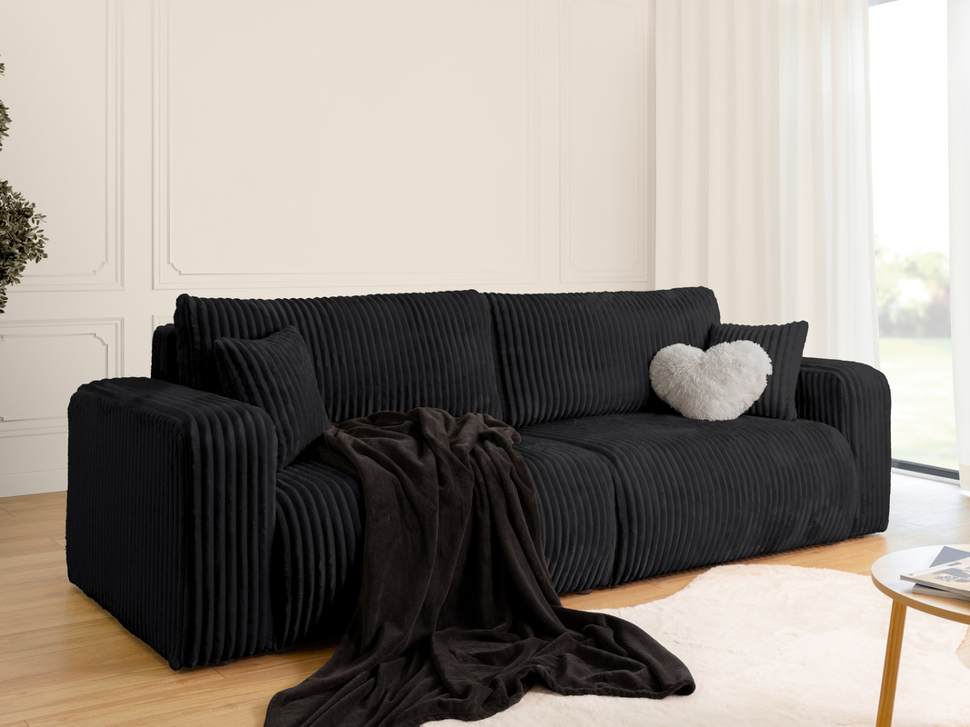 Trzyosobowa czarna kanapa do salonu z funkcją spania i pojemnikiem TILIO