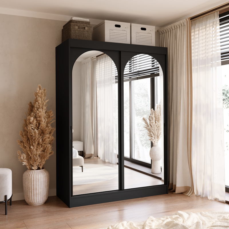 Szafa przesuwna z dwoma lustrami czarna 150 cm drzwi przesuwne czarne uchwyty