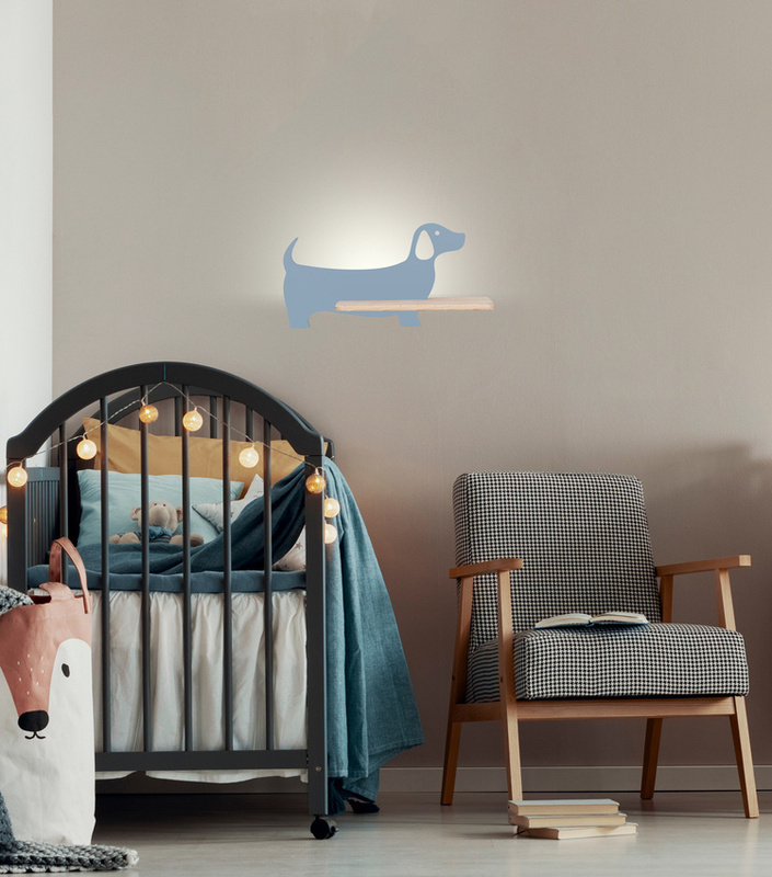 Niebieski kinkiet z półką LED do pokoju dziecięcego Dog drewno MDF