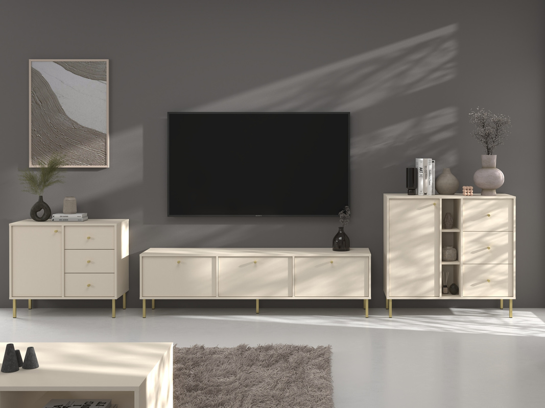 Beżowa meblościanka do nowoczesnego salonu z szafką RTV TOKEN