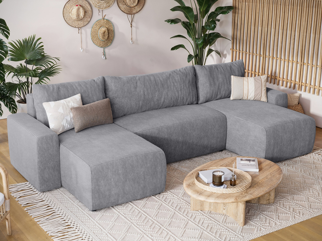 Szary duży narożnik z funkcją spania do salonu PLUSH U sztruks