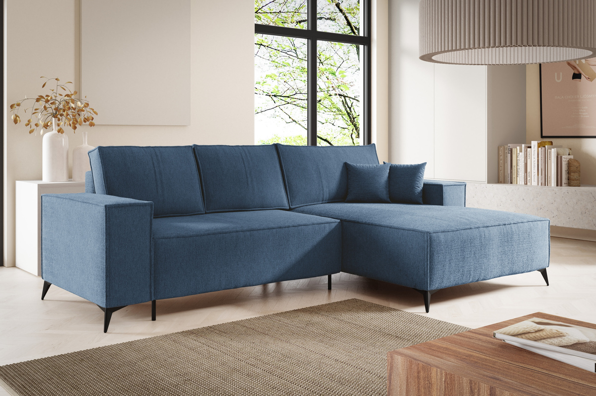 Niebieski narożnik rozkładany na nóżkach z pojemnikiem i funkcją spania APOLLO