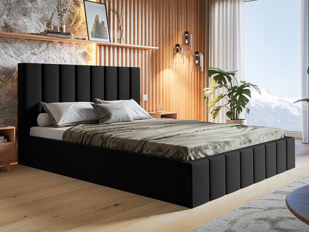 Czarne łóżko tapicerowane 140x200 cm ze stelażem i pojemnikiem PASOT