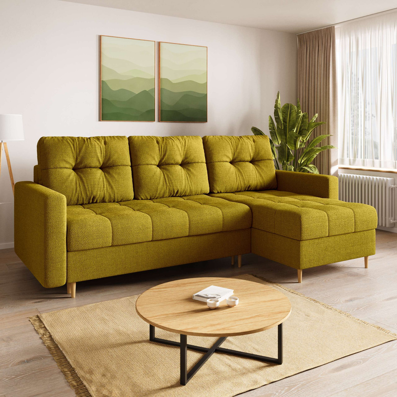 Musztardowy narożnik z funkcją spania i pojemnikiem na pościel LIZBONA