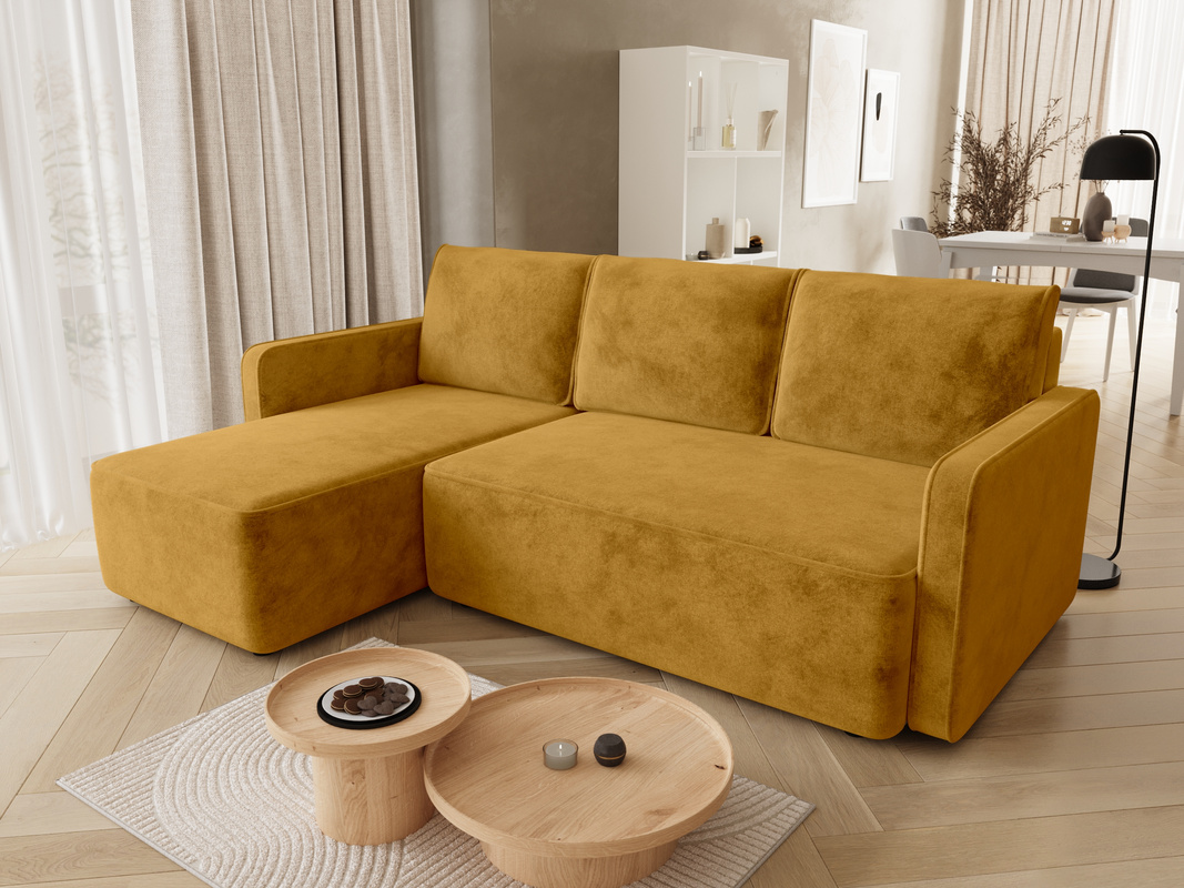 Nowoczesny pomarańczowy narożnik do salonu z funkcją spania QULIO