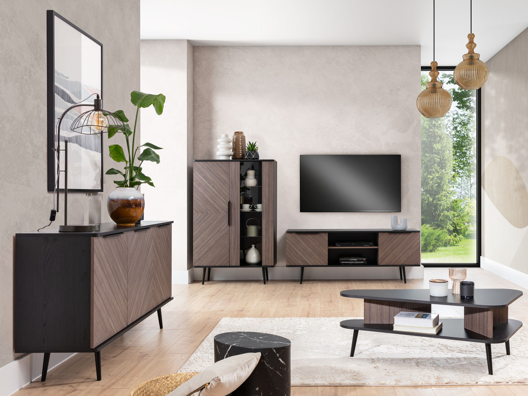 Nowoczesna meblościanka do salonu z witryną PULSE jodełka