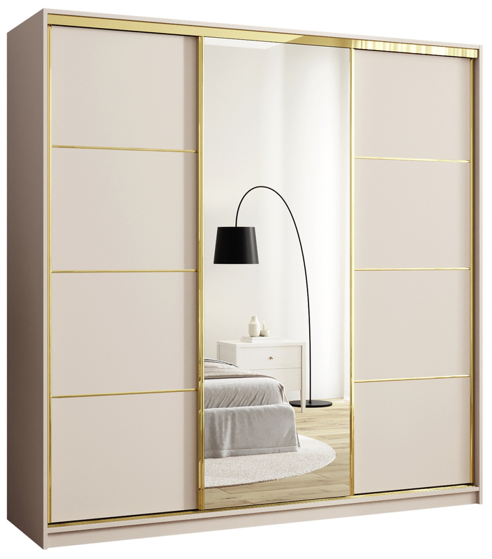 Beżowa trzydrzwiowa szafa przesuwna z lustrem 200 cm GOLD NEW