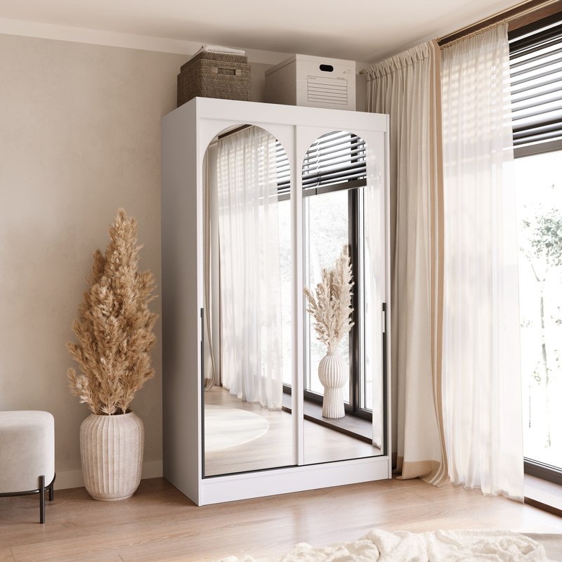 Biała szafa przesuwna z lustrami 120 cm drzwi przesuwne czarne uchwyty