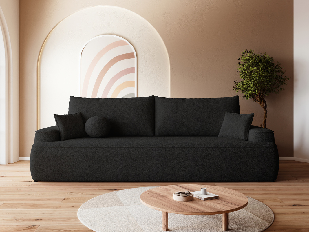 Czarna sofa z funkcją spania i pojemnikiem CARMELLO boucle