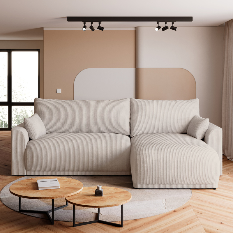 Beżowy narożnik z pojemnikiem i funkcją spania do salonu MORENO