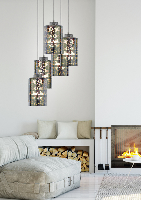 Srebrna lampa wisząca do salonu 5xE27 regulowana wysokość NOCTURNO metal szkło