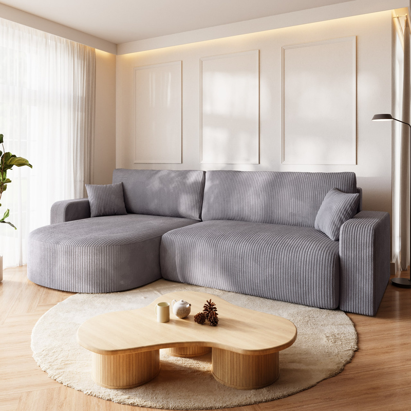 Szary narożnik z pojemnikiem na pościel i funkcją spania BISK sztruks