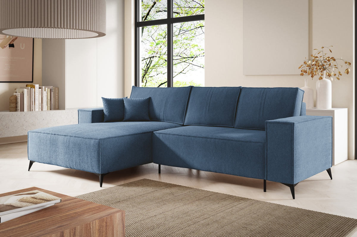 Niebieski narożnik rozkładany na nóżkach z pojemnikiem i funkcją spania APOLLO