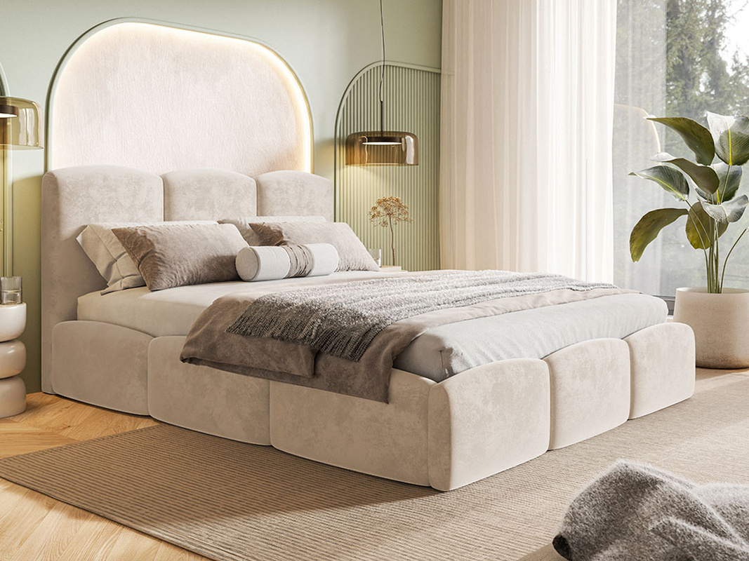 Beżowe łóżko tapicerowane z pojemnikiem 180x200 cm SEPERO
