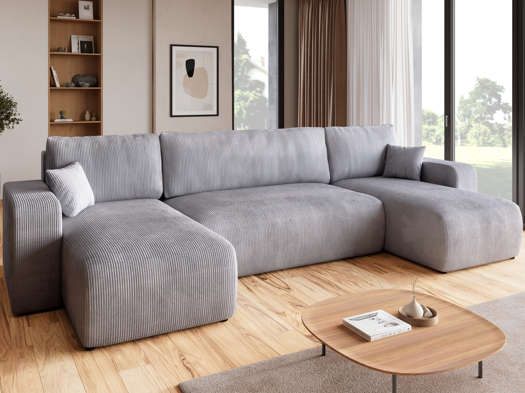 Szary narożnik sztruksowy z funkcją spania do salonu PUMI U