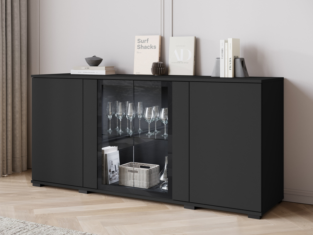 Czarna komoda 150 cm z witryną do salonu CADO