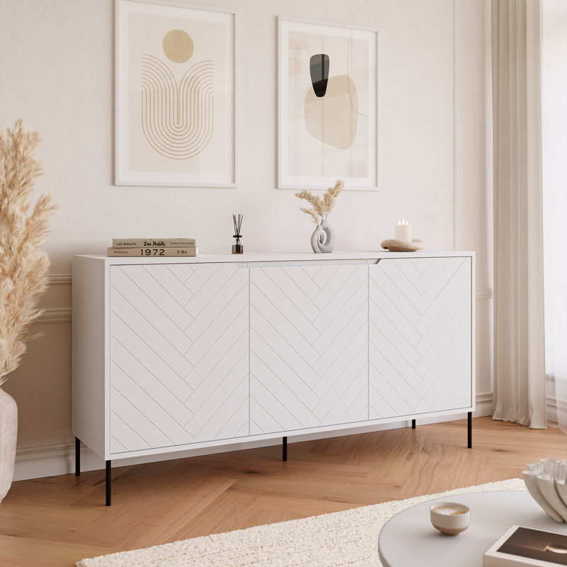 Biała komoda do salonu 150 cm MIVIO trzydrzwiowa