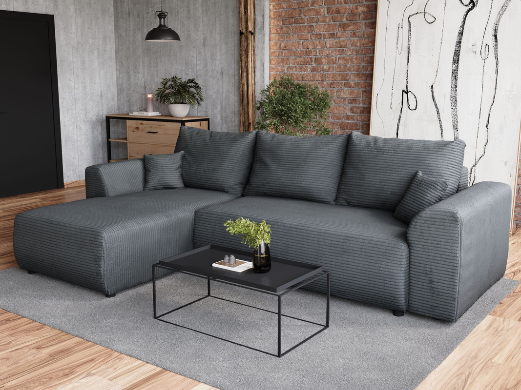 Szary narożnik rozkładany do salonu z funkcją spania sztruksowy ROMEO