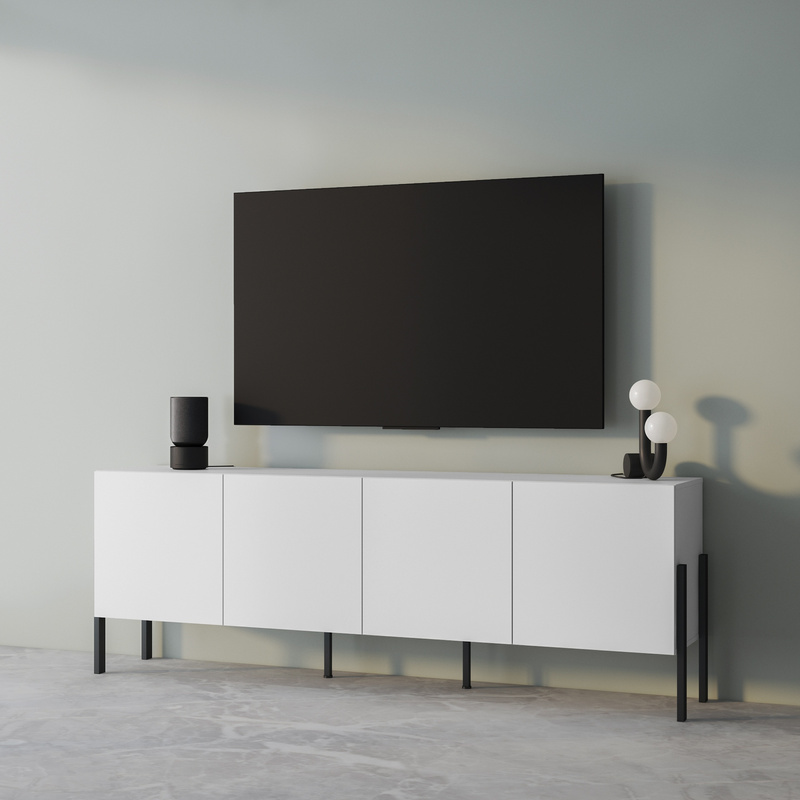 Biała komoda do salonu 204 cm czterodrzwiowa z półkami