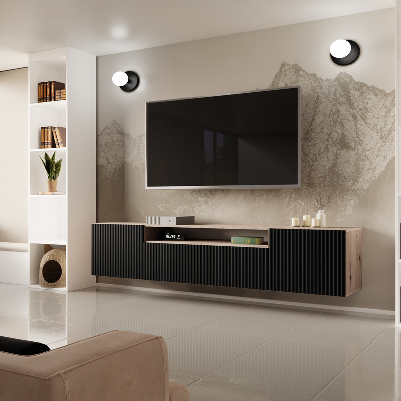 Wisząca szafka RTV 200 cm z półkami do salonu TAVIO frezowane fronty