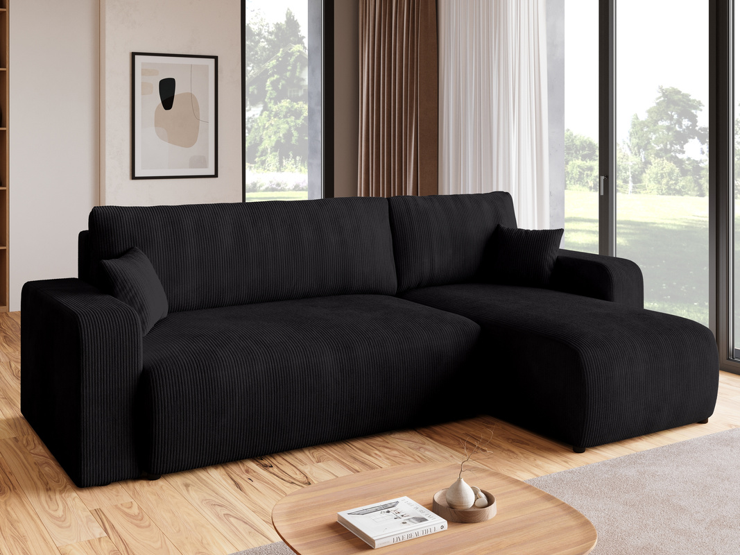 Czarny sztruksowy narożnik z funkcją spania PUMI