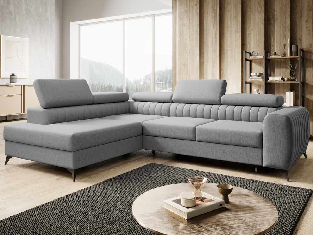 Szara wolnostojąca kanapa rogowa z funkcją spania PAULLETTO regulowane zagłówki