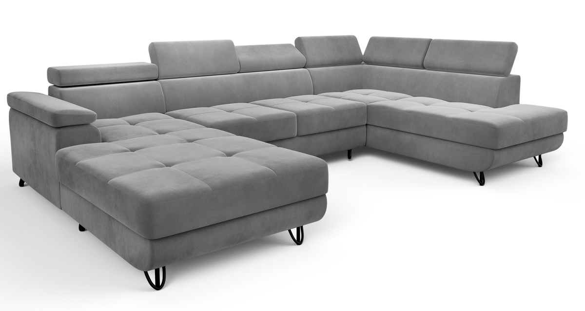 Szary narożnik do salonu z funkcją spania i regulowanymi zagłówkami JASSY