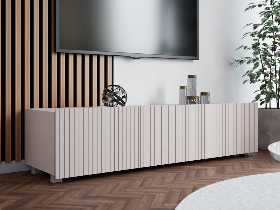 Długa szafka RTV 150 cm kaszmir nowoczesna z ryflowanymi frontami KORDIS