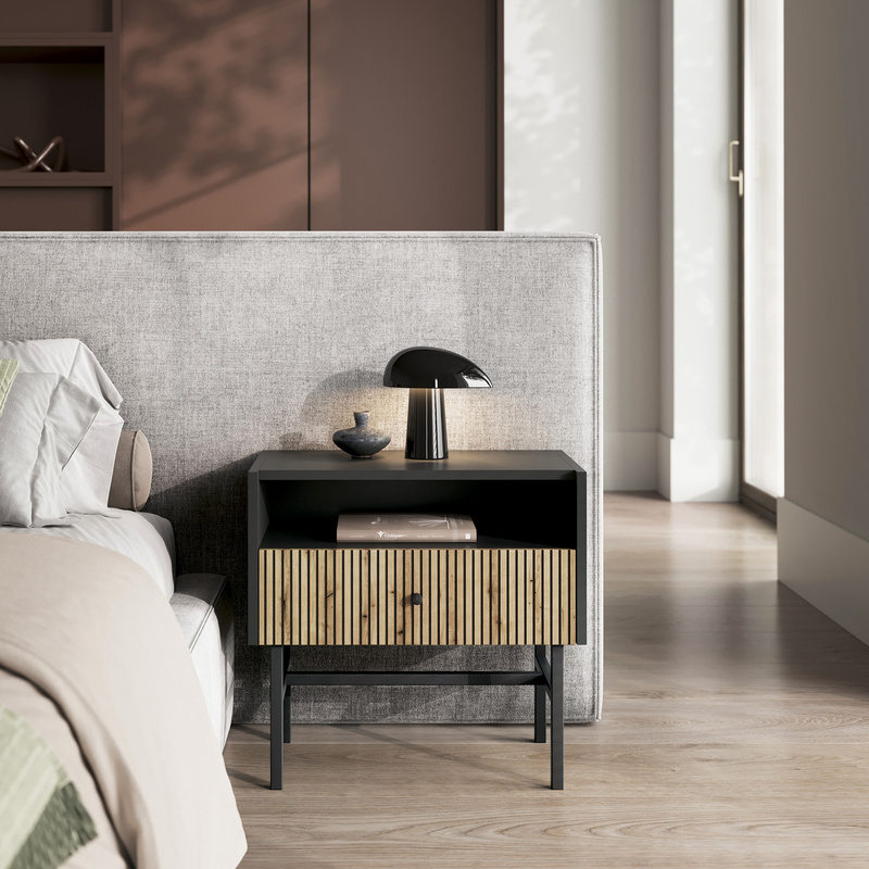 Czarny stylowy stolik nocny 55 cm z szufladą i lamelami DALIA