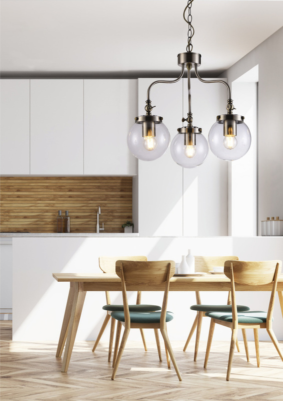 Patynowy żyrandol wiszący z kulistymi szklanymi kloszami do salonu BALLET metal szkło