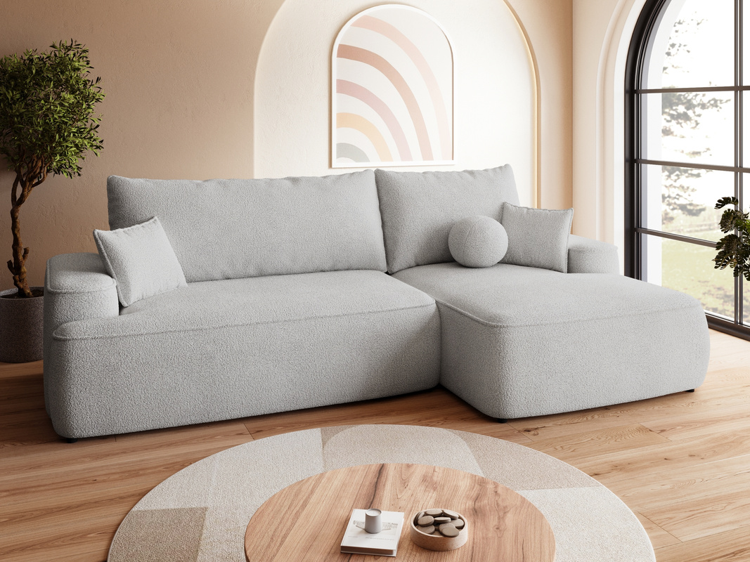 Szary rozkładany narożnik z pojemnikiem i funkcją spania CARMELLO boucle