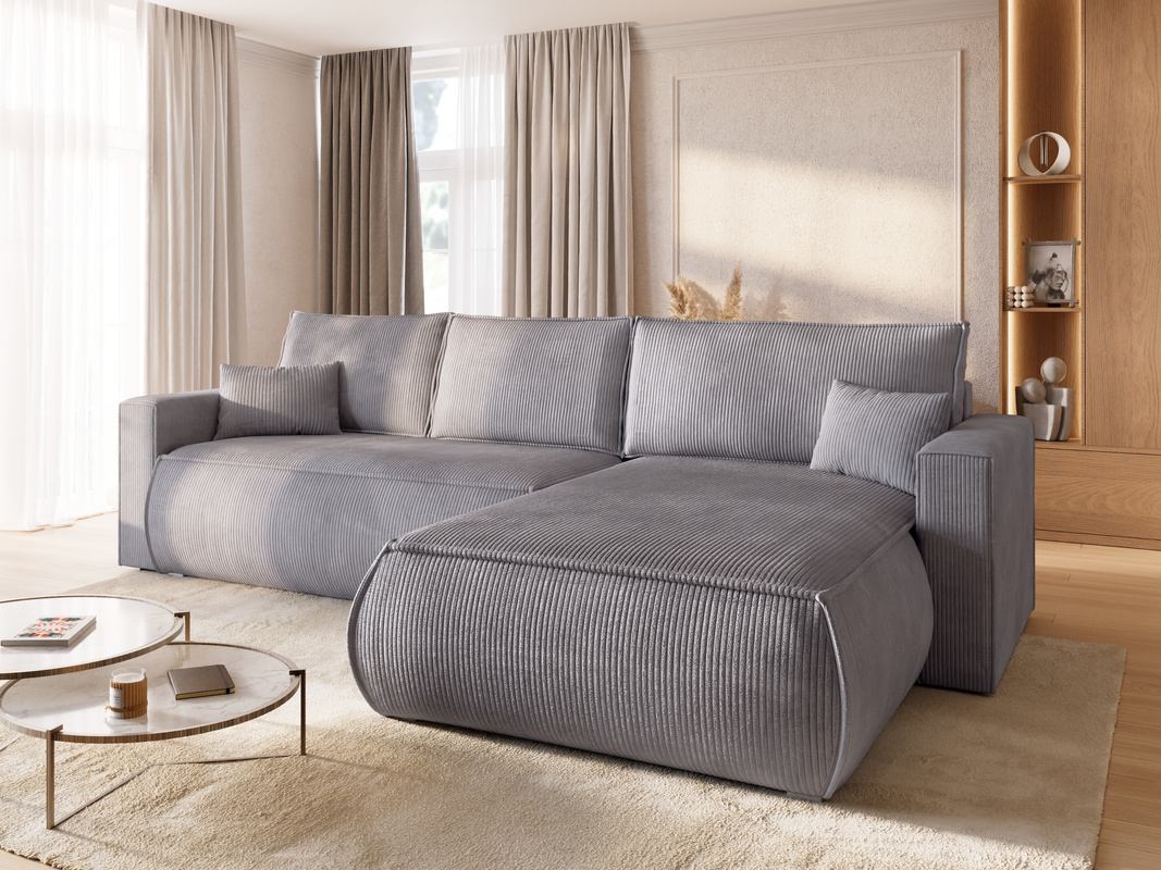 Szary sztruksowy narożnik z funkcją spania i pojemnikiem HAVANA