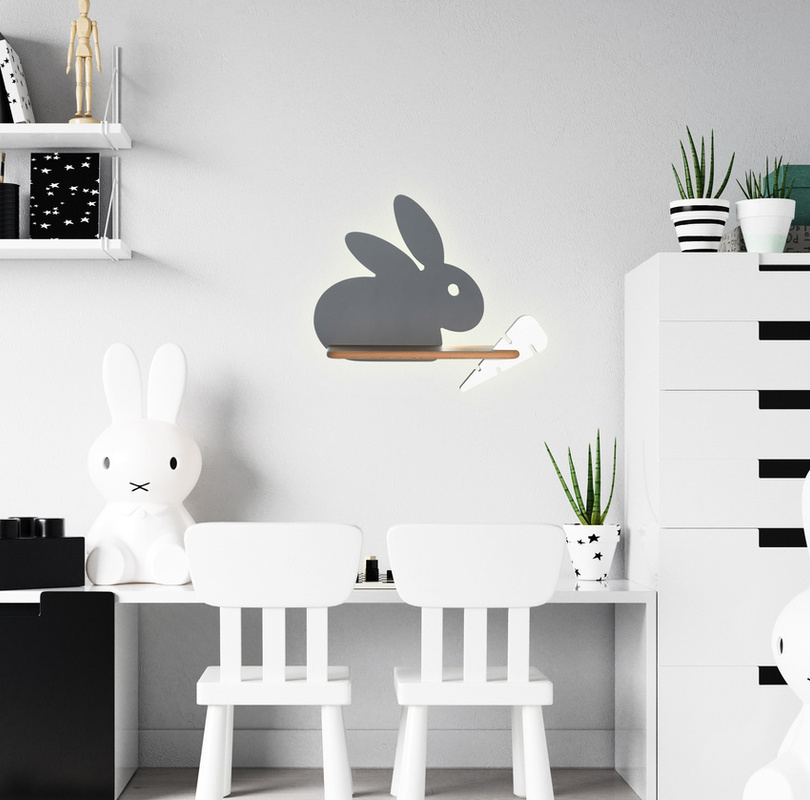 Szary kinkiet z półką LED dla dzieci do pokoju IQ Kids Rabbit MDF