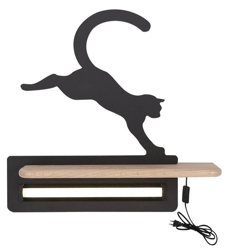 Czarny kinkiet LED z półeczką do pokoju dziecięcego CAT KIDS