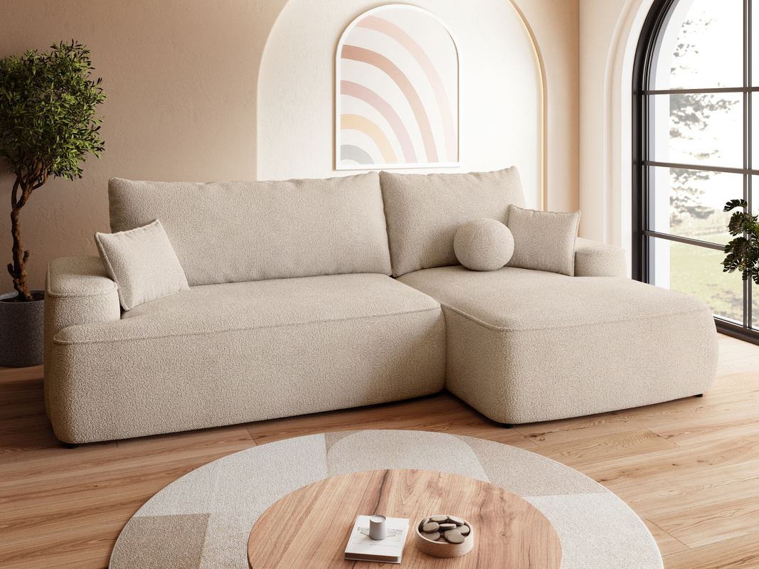 Nowoczesny beżowy narożnik z pojemnikiem i funkcją spania CARMELLO boucle