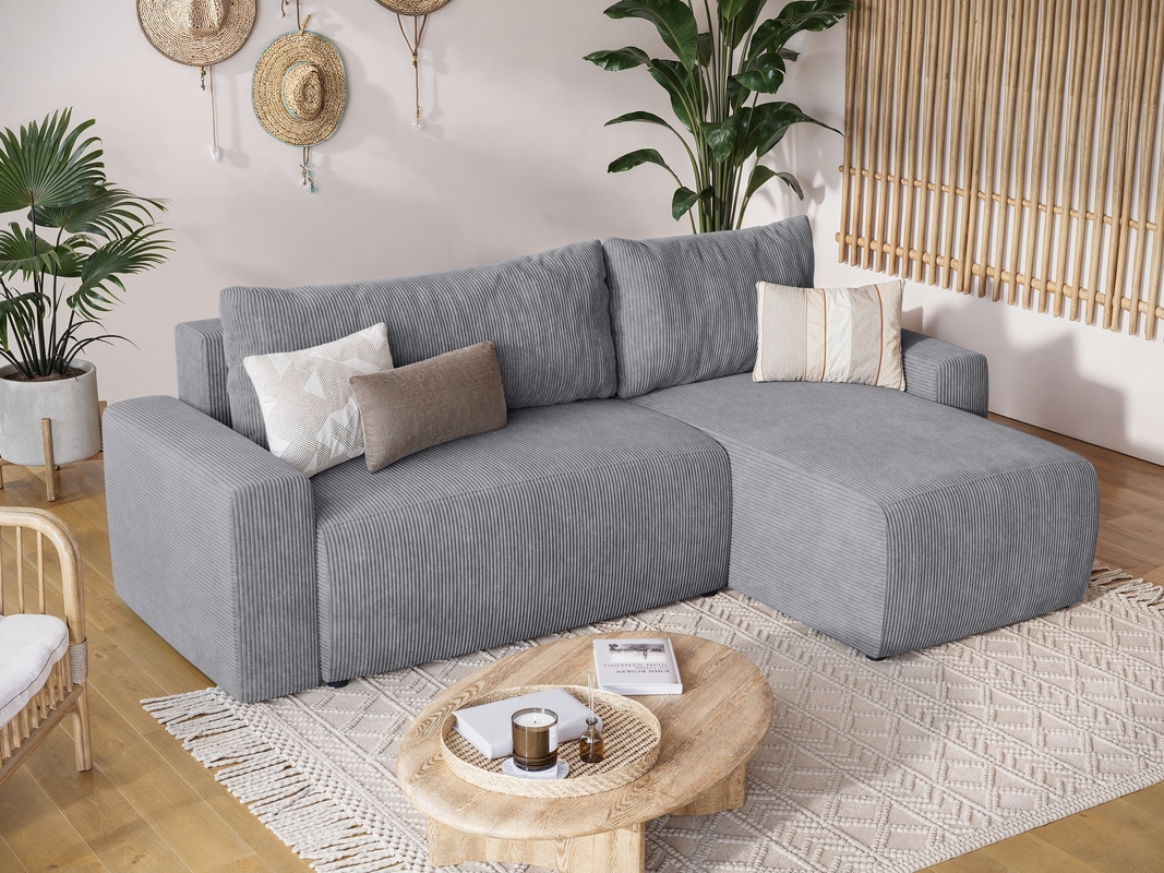 Szary narożnik sztruksowy z funkcją spania i pojemnikiem PLUSH L