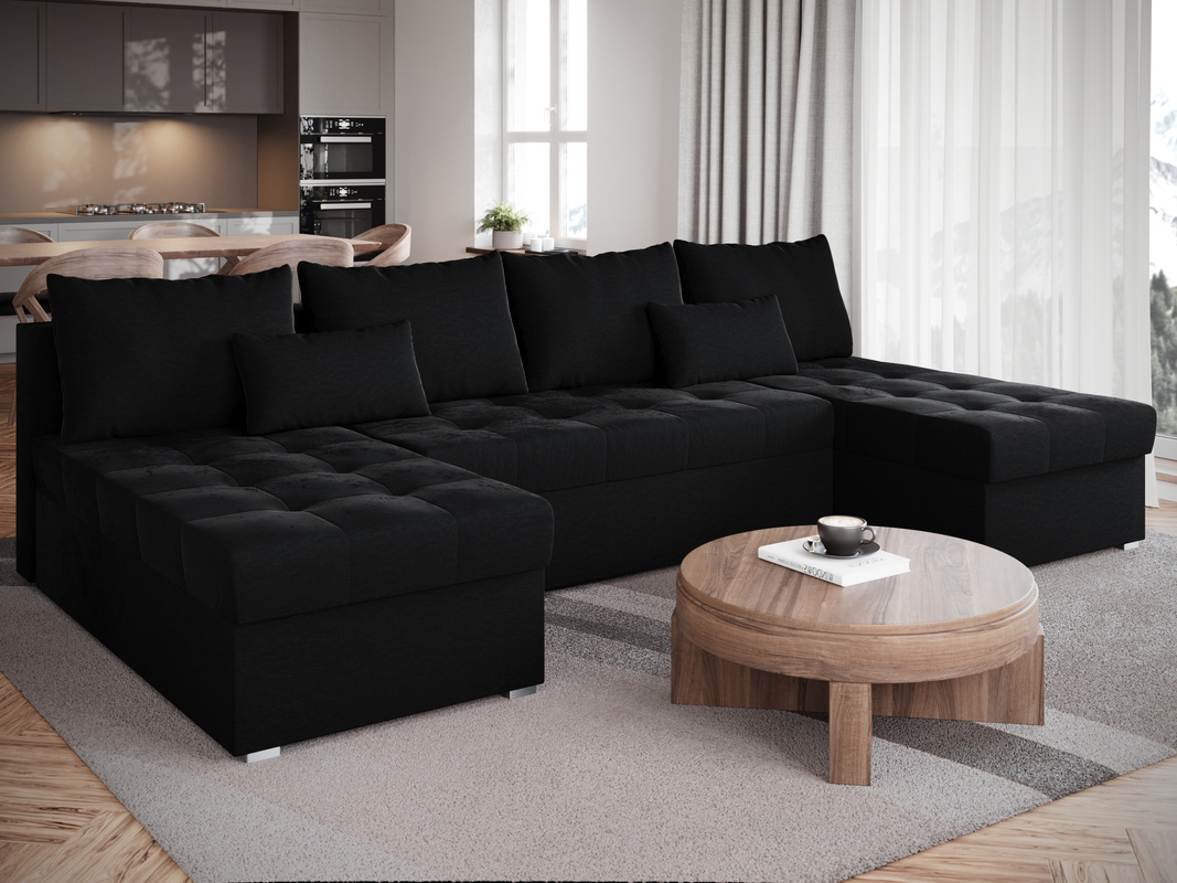 Czarny narożnik do salonu z funkcją spania HOT U SLIM rozkładany