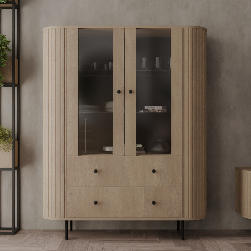 Dwudrzwiowa witryna do salonu 123 cm z szufladami OVENTO dąb cremona