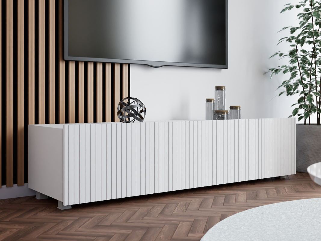 Biała szafka RTV nowoczesna 150 cm z ryflowanymi frontami KORDIS